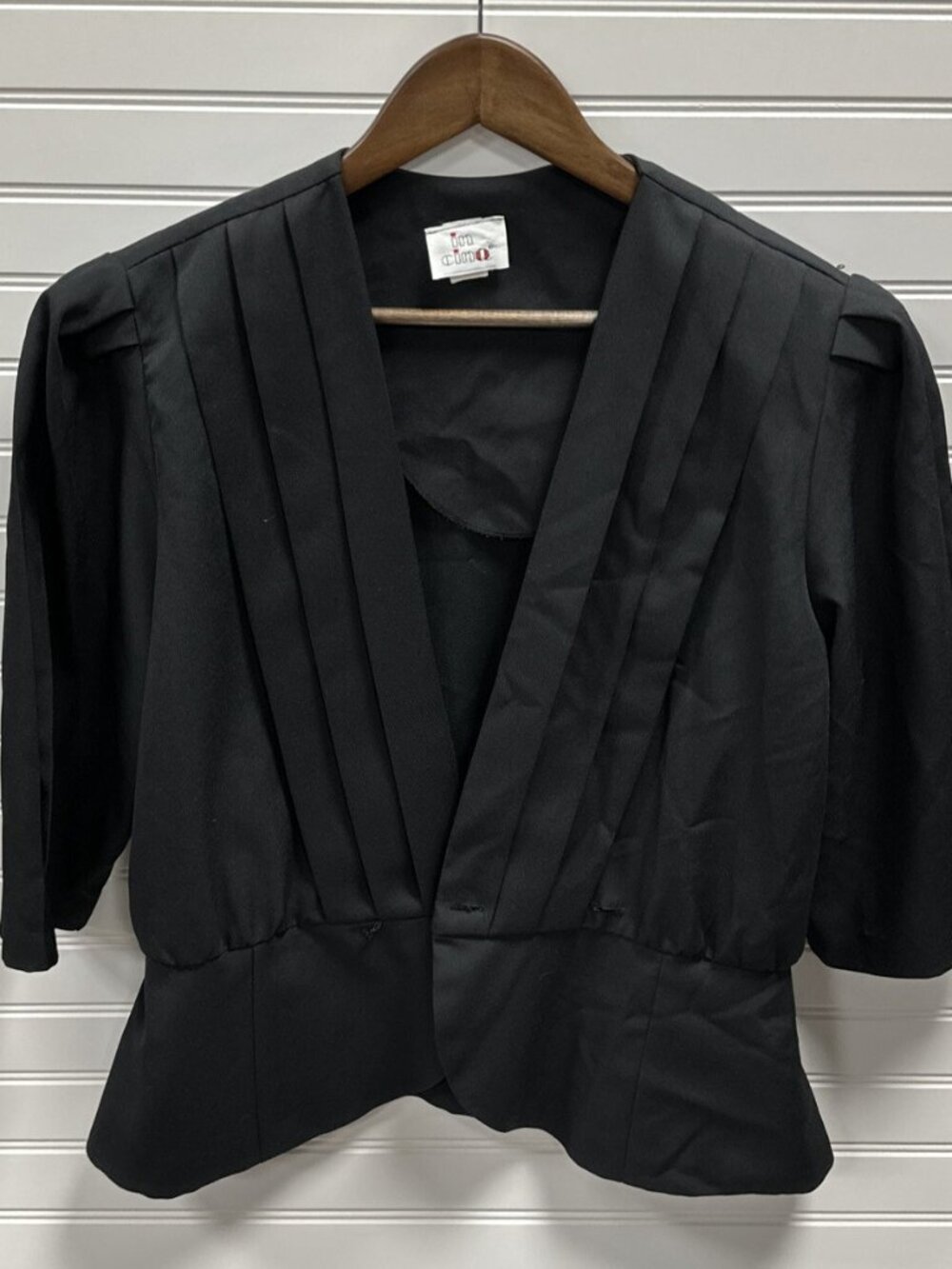 Vintage In Cinq Solid Black Open Front Blazer Suit Jacket 80s 90s Sz 16 Made USA